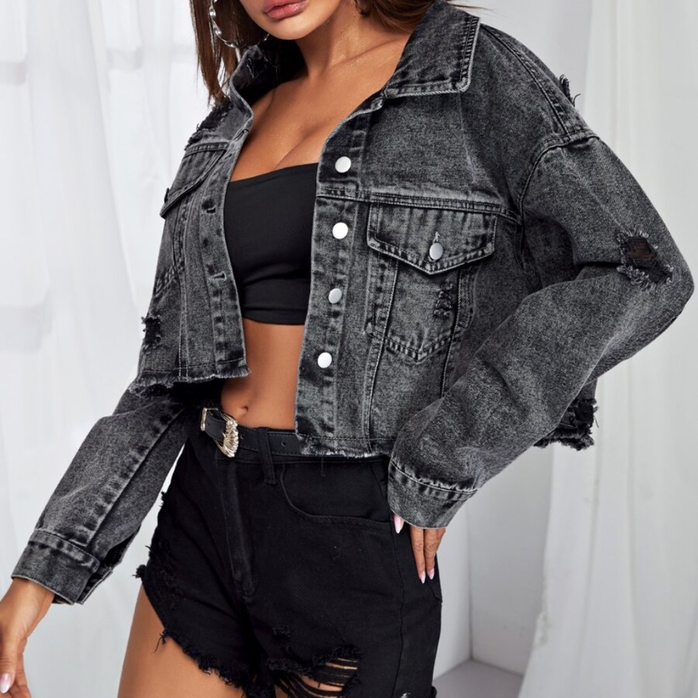 Boho Distressed Button denim black washed Jacket - Picture 5 of 8